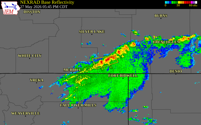 Radar snapshot during the May 27, 2026 hail event near 13 ESE Bly, Lake County, Oregon, with NWS warning polygons