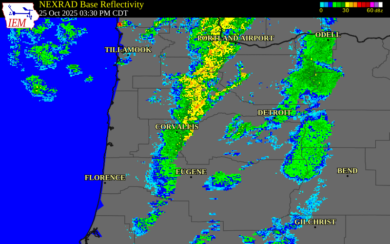 NEXRAD radar during the Saturday, October 25, 2025 storm activity in Linn County, Oregon