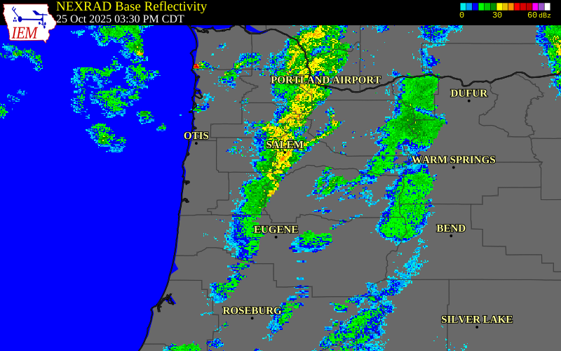 Radar snapshot during the Oct 25, 2025 wind event near Millersburg, Linn County, Oregon, with NWS warning polygons