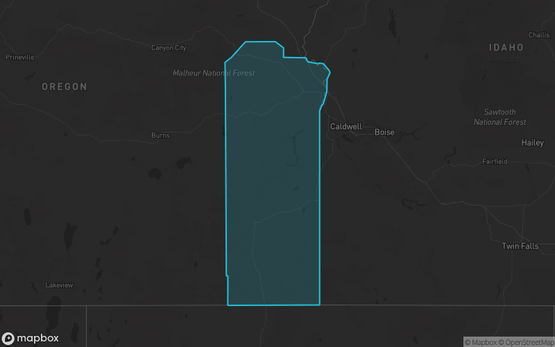 Map of Malheur County, Oregon showing the county boundary and surrounding cities