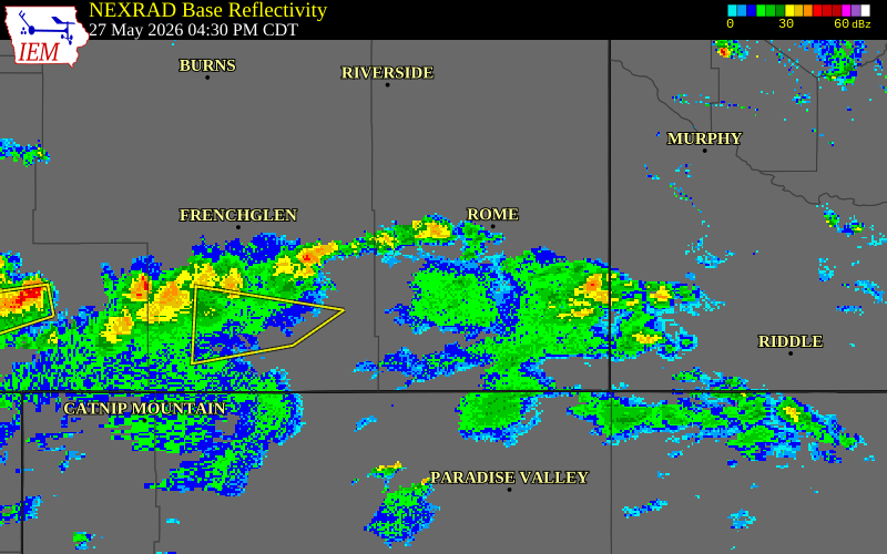 NEXRAD radar during the Wednesday, May 27, 2026 storm activity in Malheur County, Oregon