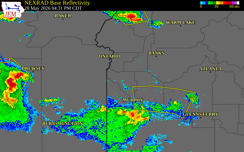 NEXRAD radar during the Thursday, May 28, 2026 storm activity in Malheur County, Oregon