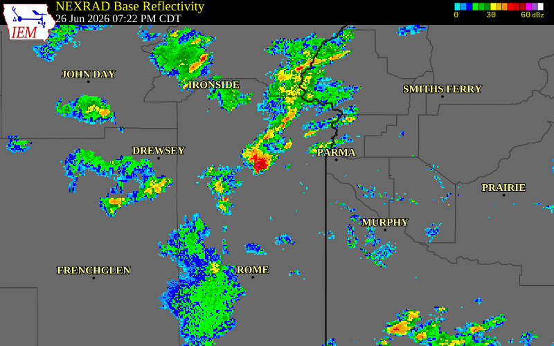 NEXRAD radar during the Friday, June 26, 2026 storm activity in Malheur County, Oregon