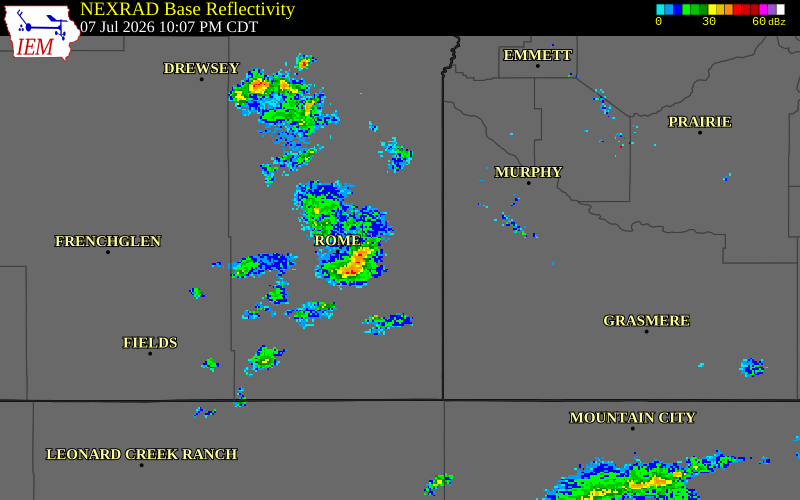 NEXRAD radar during the Tuesday, July 7, 2026 storm activity in Malheur County, Oregon