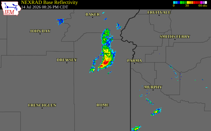 NEXRAD radar during the Tuesday, July 14, 2026 storm activity in Malheur County, Oregon