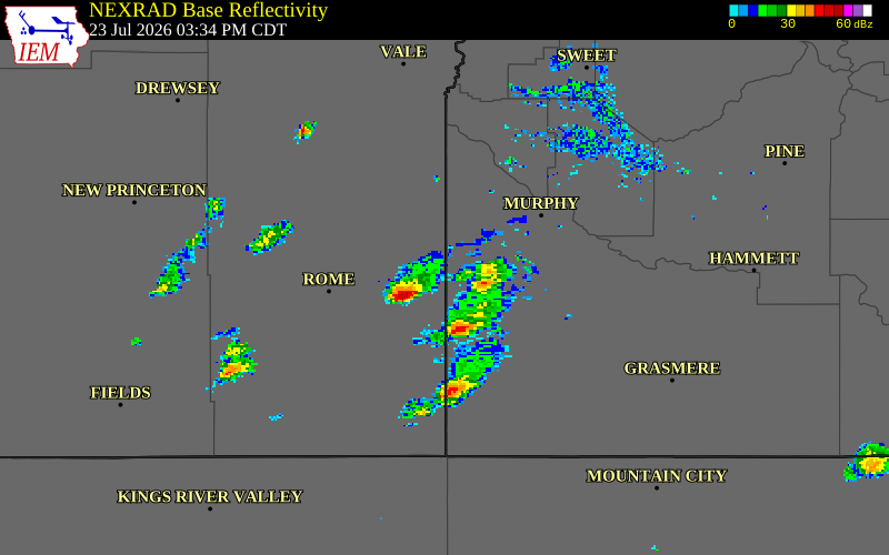 NEXRAD radar during the Thursday, July 23, 2026 storm activity in Malheur County, Oregon