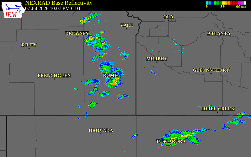 Radar snapshot during the Jul 7, 2026 wind event near Malheur County, Malheur County, Oregon, with NWS warning polygons