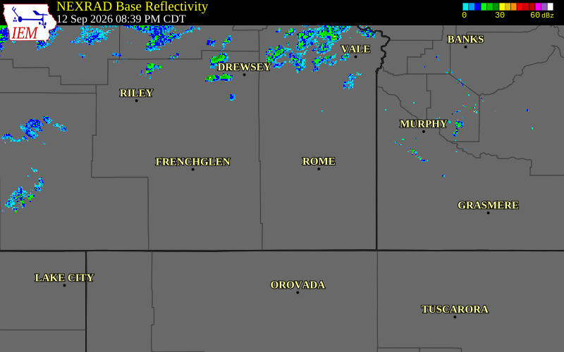 Current NEXRAD radar over Malheur County, Oregon with recent storm report locations