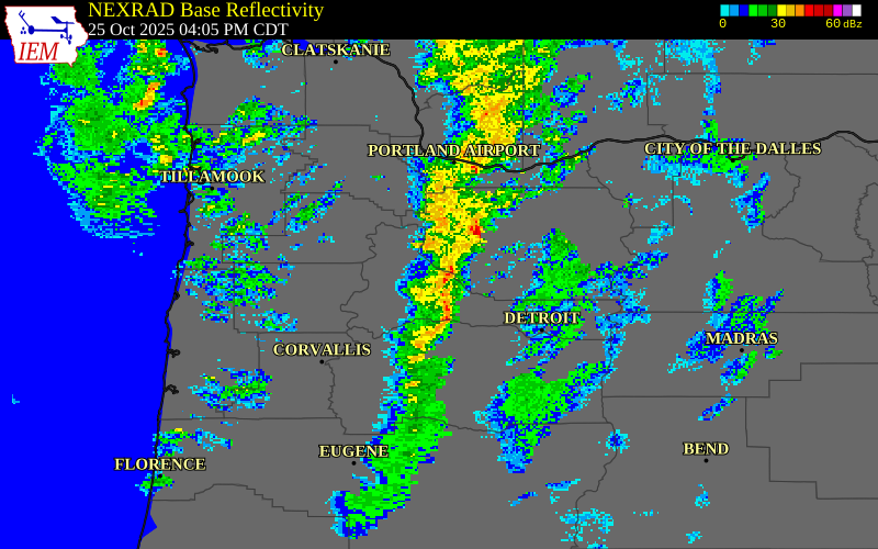 NEXRAD radar during the Saturday, October 25, 2025 storm activity in Marion County, Oregon