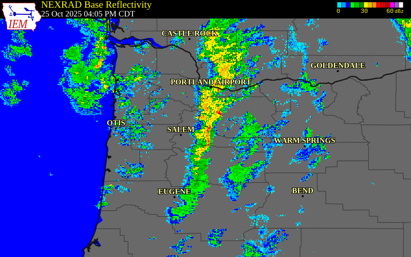 Radar snapshot during the Oct 25, 2025 wind event near 1 SW Scotts Mills, Marion County, Oregon, with NWS warning polygons