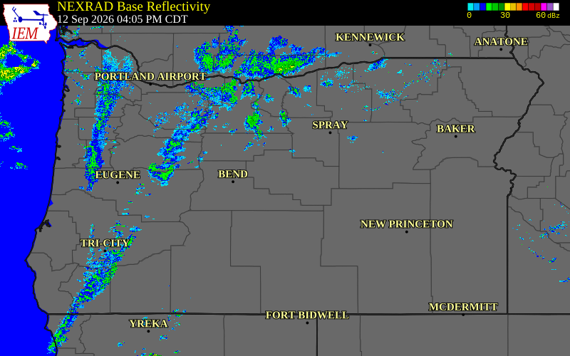 Current NEXRAD radar across Oregon with recent storm report locations