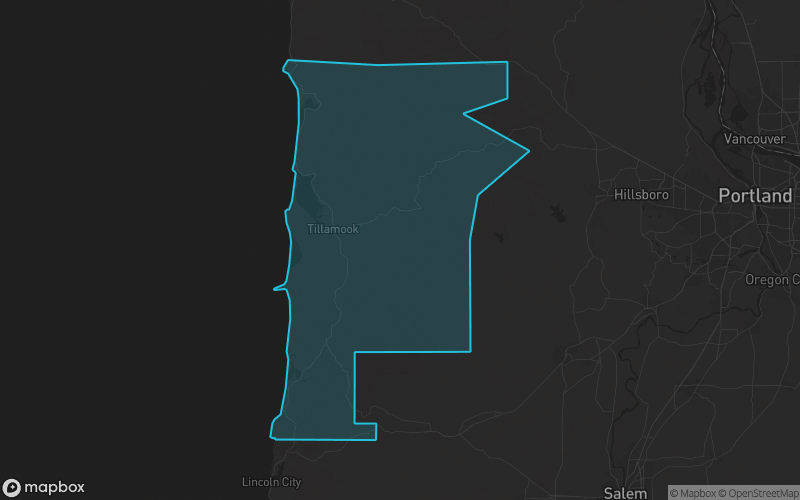 Map of Tillamook County, Oregon showing the county boundary and surrounding cities