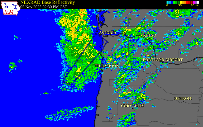 NEXRAD radar during the Wednesday, November 5, 2025 storm activity in Tillamook County, Oregon