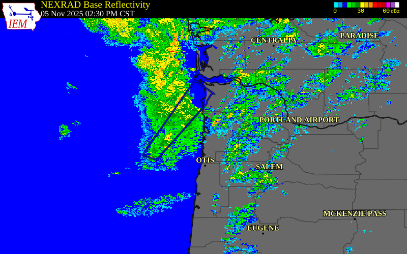 Radar snapshot during the Nov 5, 2025 wind event near 2 WNW Garibaldi, Tillamook County, Oregon, with NWS warning polygons