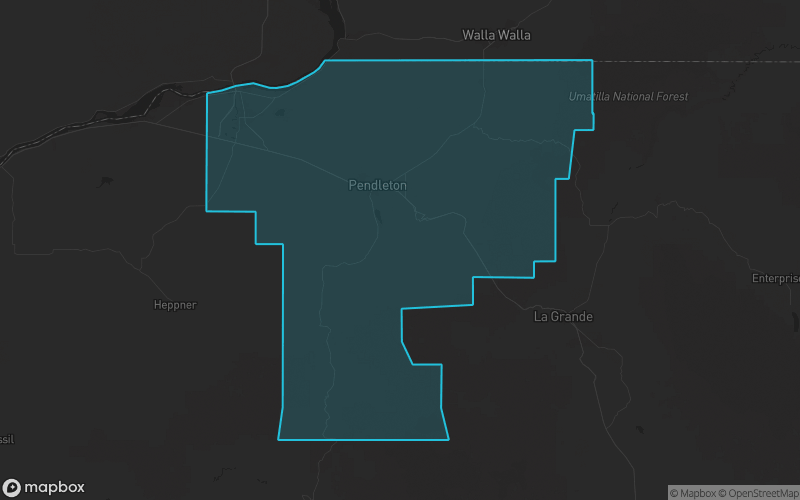 Map of Umatilla County, Oregon showing the county boundary and surrounding cities
