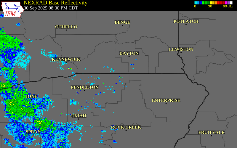 NEXRAD radar during the Tuesday, September 30, 2025 storm activity in Umatilla County, Oregon