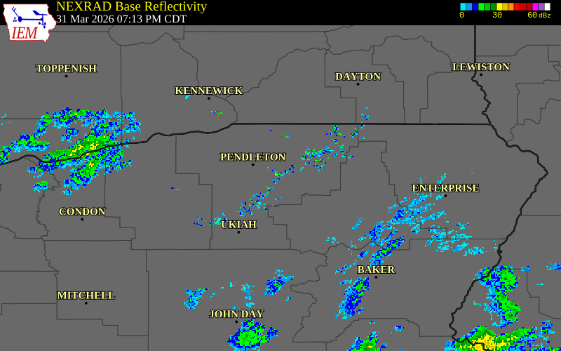 NEXRAD radar during the Tuesday, March 31, 2026 storm activity in Umatilla County, Oregon