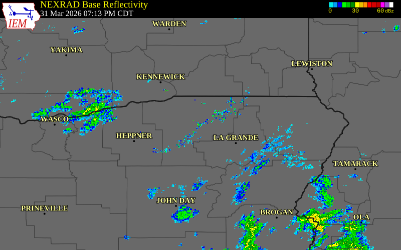 Radar snapshot during the Mar 31, 2026 wind event near 7 SSE Mission, Umatilla County, Oregon, with NWS warning polygons