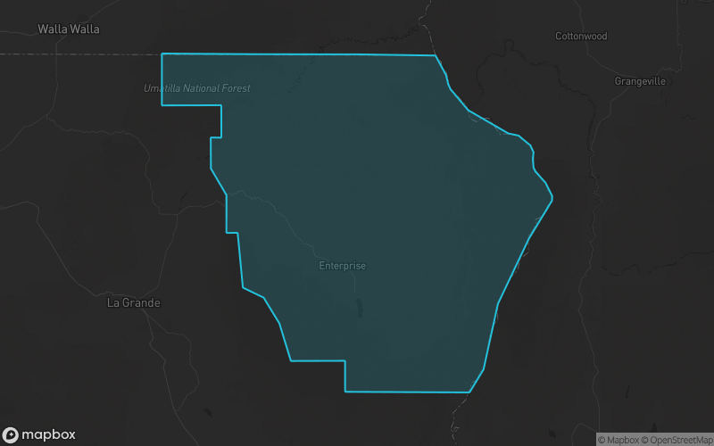 Map of Wallowa County, Oregon showing the county boundary and surrounding cities