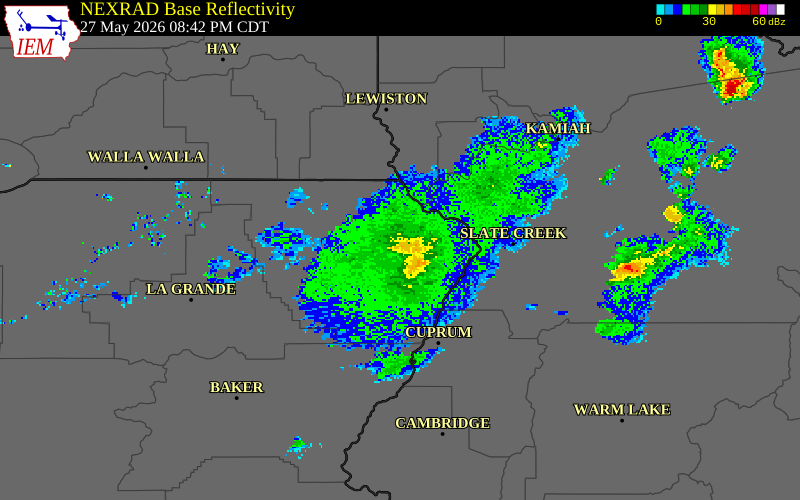 NEXRAD radar during the Wednesday, May 27, 2026 storm activity in Wallowa County, Oregon