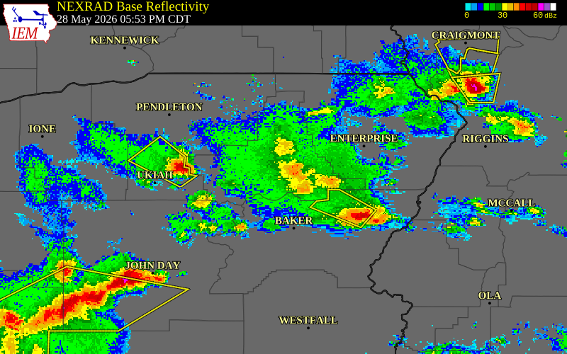 NEXRAD radar during the Thursday, May 28, 2026 storm activity in Wallowa County, Oregon