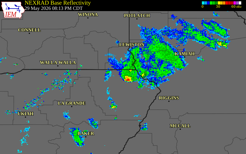NEXRAD radar during the Friday, May 29, 2026 storm activity in Wallowa County, Oregon