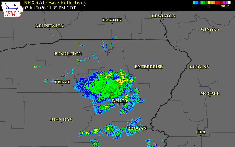 NEXRAD radar during the Tuesday, July 7, 2026 storm activity in Wallowa County, Oregon