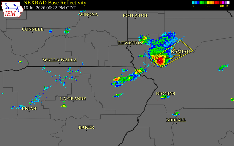 NEXRAD radar during the Thursday, July 16, 2026 storm activity in Wallowa County, Oregon