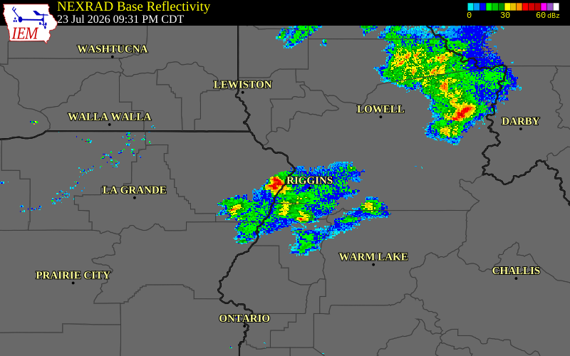 Radar snapshot during the Jul 23, 2026 hail event near Wallowa County, Wallowa County, Oregon, with NWS warning polygons