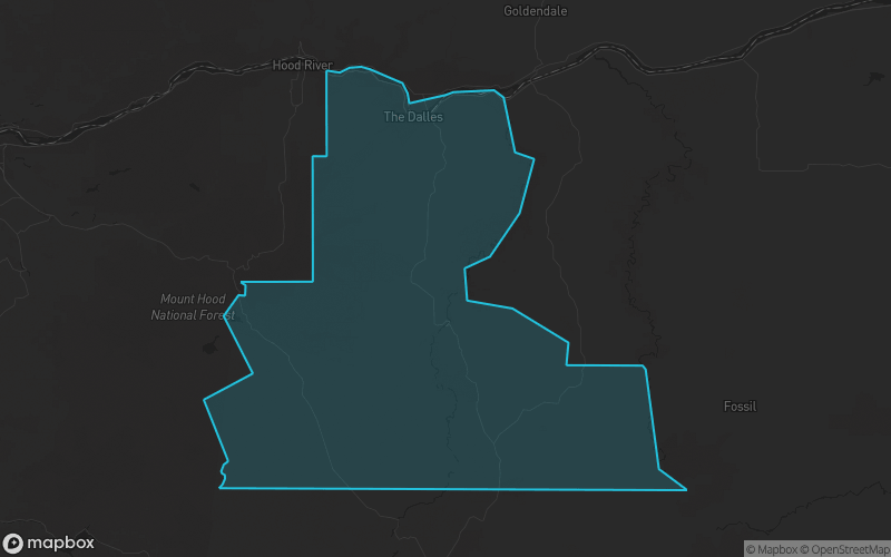 Map of Wasco County, Oregon showing the county boundary and surrounding cities