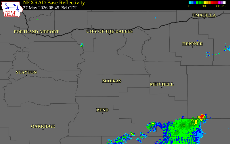 NEXRAD radar during the Wednesday, May 27, 2026 storm activity in Wasco County, Oregon
