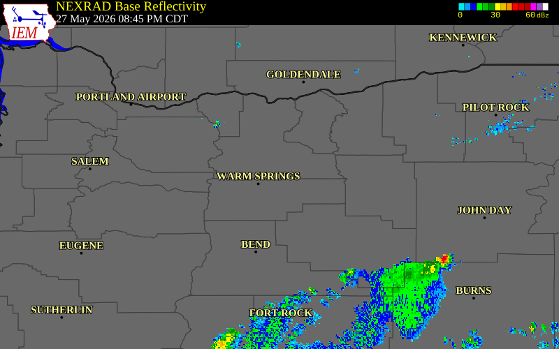 Radar snapshot during the May 27, 2026 wind event near 13 ENE Warm Springs, Wasco County, Oregon, with NWS warning polygons