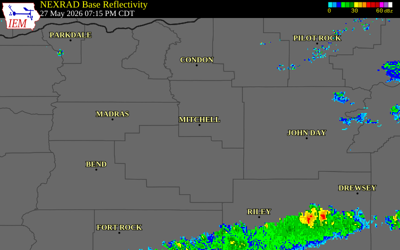 NEXRAD radar during the Wednesday, May 27, 2026 storm activity in Wheeler County, Oregon