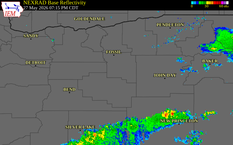 Radar snapshot during the May 27, 2026 hail event near Mitchell, Wheeler County, Oregon, with NWS warning polygons