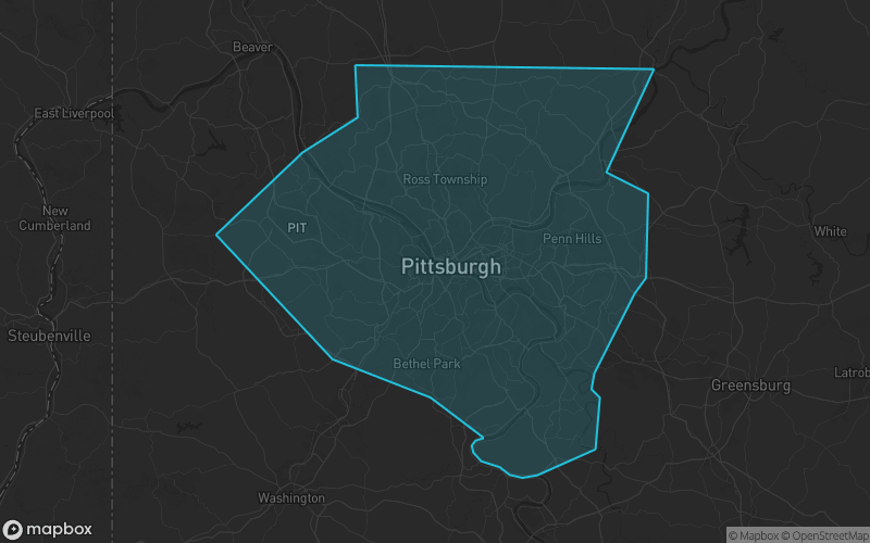 Map of Allegheny County, Pennsylvania showing the county boundary and surrounding cities