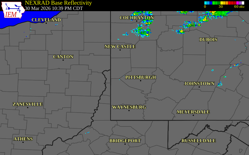 NEXRAD radar during the Monday, March 30, 2026 storm activity in Allegheny County, Pennsylvania