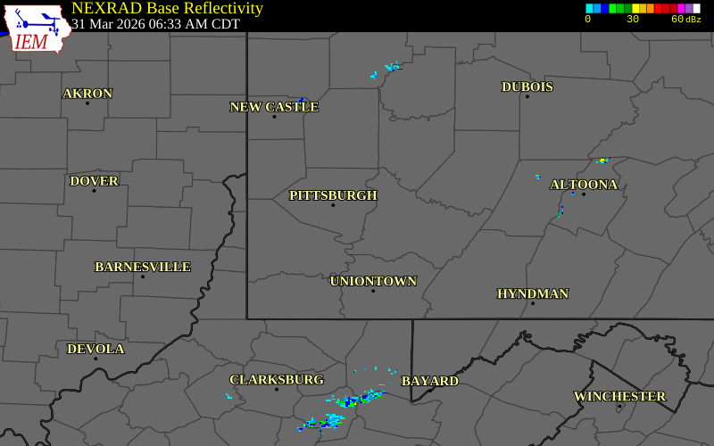 NEXRAD radar during the Tuesday, March 31, 2026 storm activity in Allegheny County, Pennsylvania