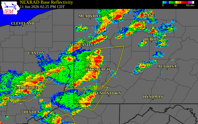 NEXRAD radar during the Thursday, June 11, 2026 storm activity in Allegheny County, Pennsylvania