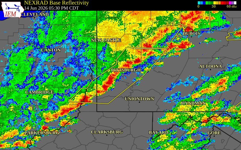 NEXRAD radar during the Sunday, June 14, 2026 storm activity in Allegheny County, Pennsylvania