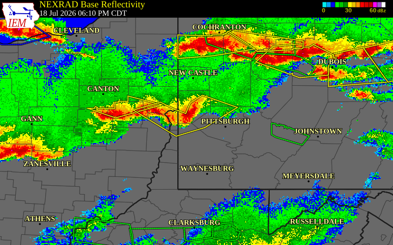 NEXRAD radar during the Saturday, July 18, 2026 storm activity in Allegheny County, Pennsylvania