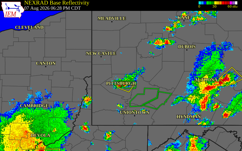 NEXRAD radar during the Friday, August 7, 2026 storm activity in Allegheny County, Pennsylvania