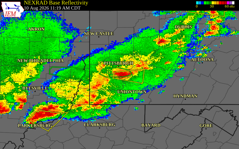 NEXRAD radar during the Monday, August 10, 2026 storm activity in Allegheny County, Pennsylvania