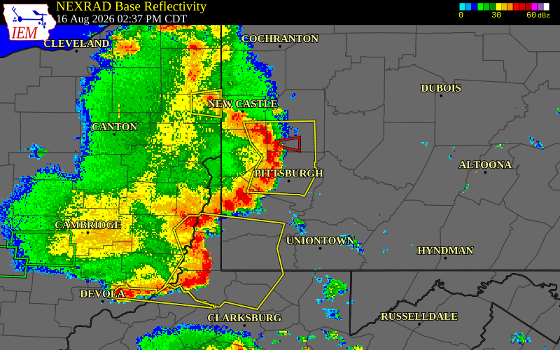 NEXRAD radar during the Sunday, August 16, 2026 storm activity in Allegheny County, Pennsylvania