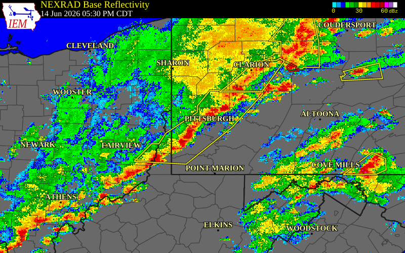 Radar snapshot during the Jun 14, 2026 wind event near Carnegie, Allegheny County, Pennsylvania, with NWS warning polygons
