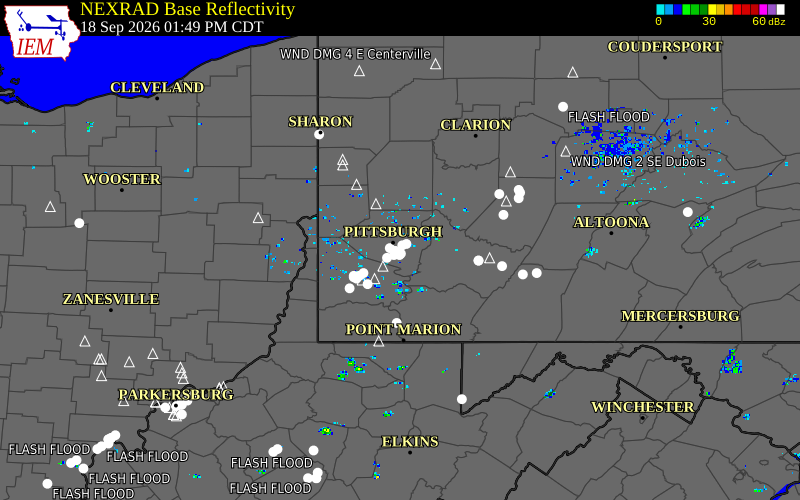 Current NEXRAD radar over Allegheny County, Pennsylvania with recent storm report locations