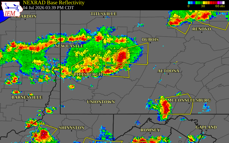 NEXRAD radar during the Saturday, July 4, 2026 storm activity in Armstrong County, Pennsylvania