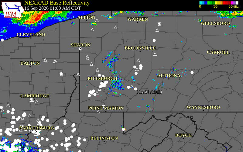 Current NEXRAD radar over Armstrong County, Pennsylvania with recent storm report locations