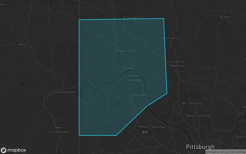 Map of Beaver County, Pennsylvania showing the county boundary and surrounding cities