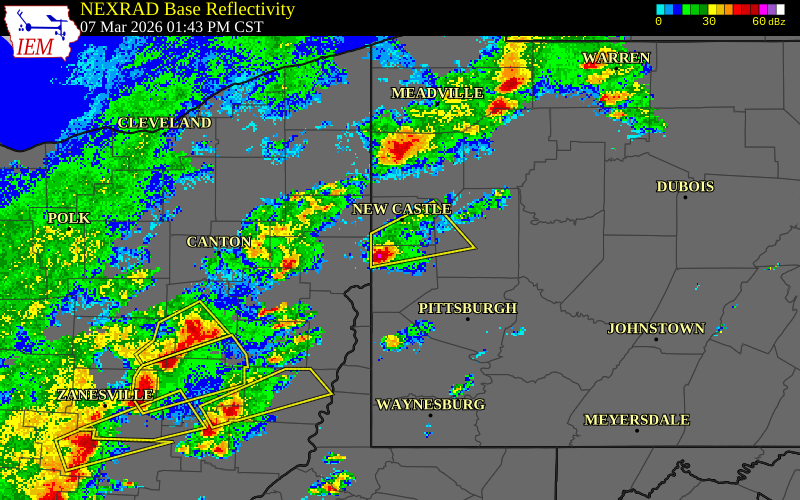NEXRAD radar during the Saturday, March 7, 2026 storm activity in Beaver County, Pennsylvania