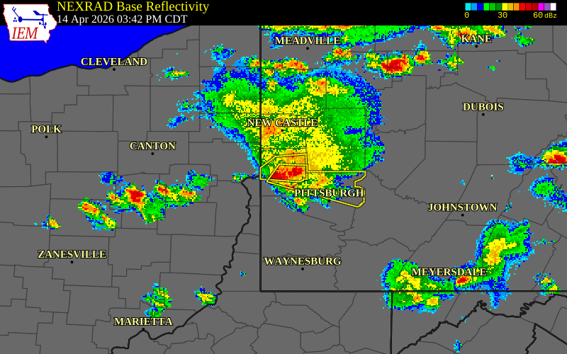 NEXRAD radar during the Tuesday, April 14, 2026 storm activity in Beaver County, Pennsylvania